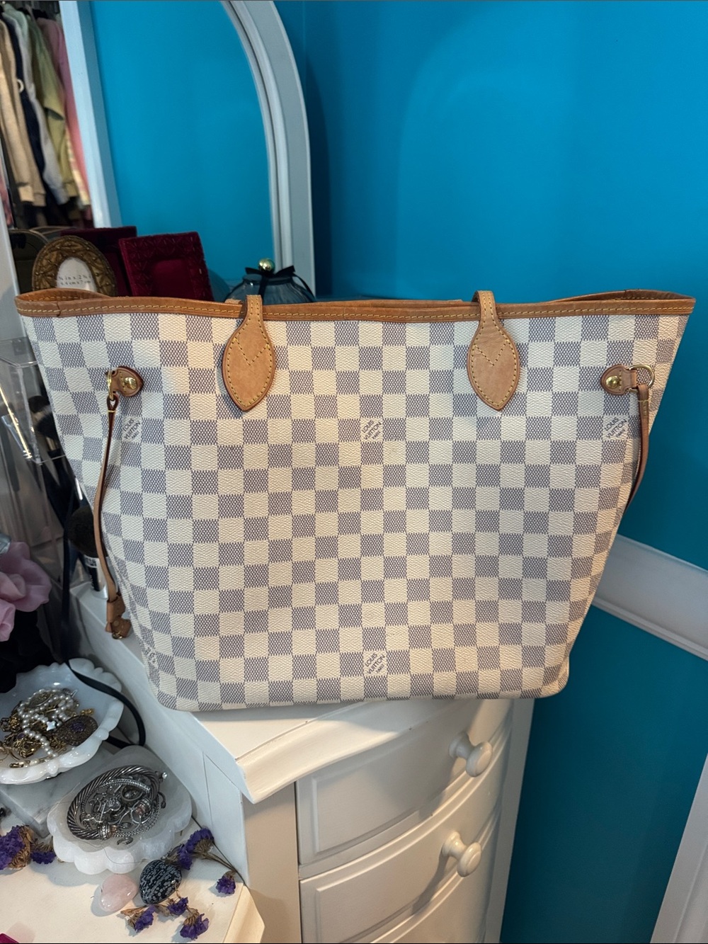 Authentic Louis Vuitton Neverfull Damier Azur Pink MM